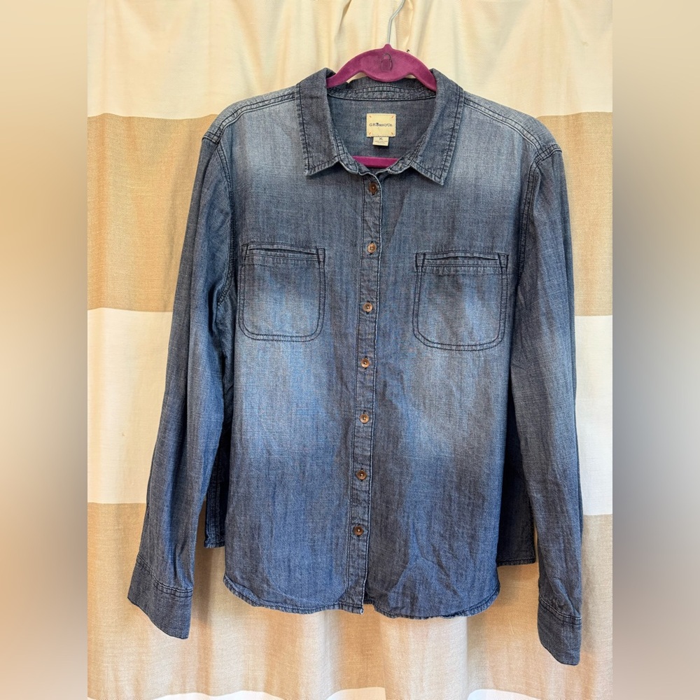 GH Bass Co Women’s Chambray Denim Button Down Shirt Long Sleeve 100% Cotton XL